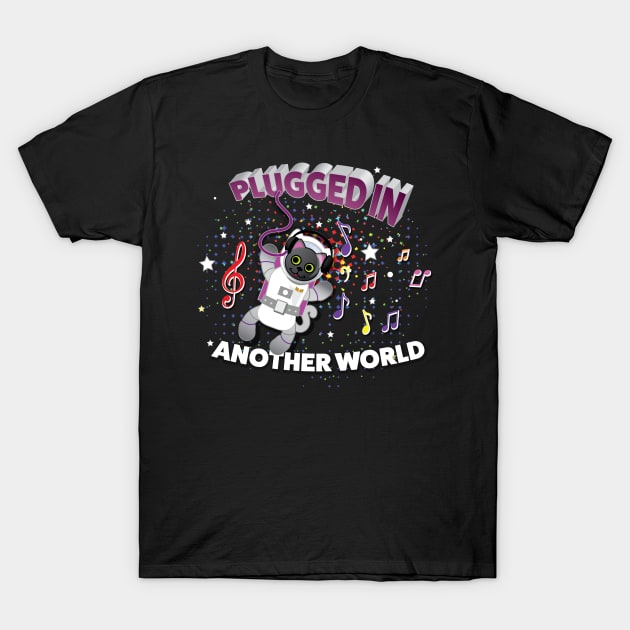 Plugged-In Another World Headphones Astro Cat T-Shirt by spacedust